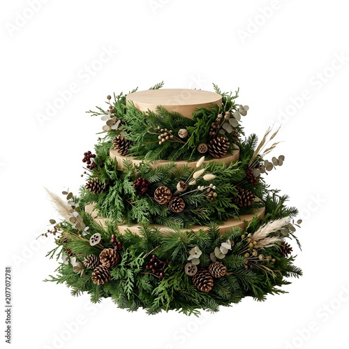 Festive tiered natural Christmas holiday decoration featuring pine branches pinecones berries and dried foliage isolated on transparent background