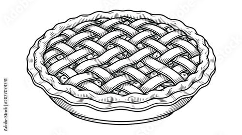 Foto Vintage line art berry pie with lattice crust, hand drawn fruit tart vector illu