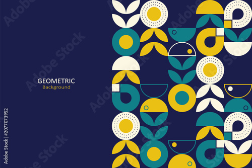 Modern geometric background with abstract retro shapes in teal, mustard yellow, and beige, arranged along the side with spacious copy space on a navy backdrop.