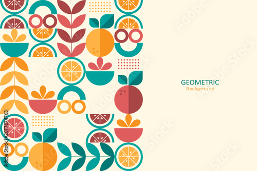 Retro geometric fruit background with citrus slices, leaves, and abstract shapes in vibrant teal, orange, red coral, and beige, featuring ample copy space for modern designs.