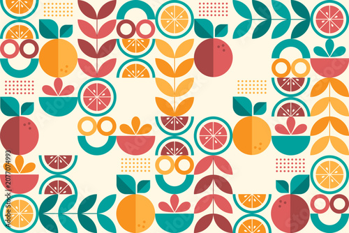 Playful retro geometric fruit pattern featuring citrus slices, leaves, and abstract shapes in teal, orange, red coral, and beige, perfect for modern decorative backgrounds.