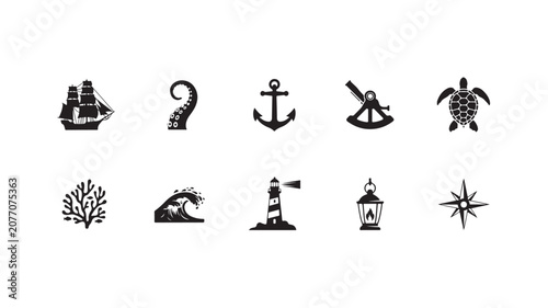 Nautical Adventure Icon Set with Pirate Ship, Octopus Tentacle, Anchor, Sextant, Turtle, Coral, Wave and Lighthouse