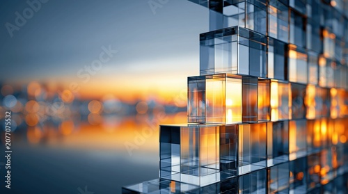 Transparent crystal blocks form a futuristic abstract structure beside a blurred skyline, reflecting warm sunset light over calm water.