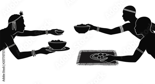 Silhouette vector illustration of three ancient African figures sharing food bowls and plates in a communal dining scene, featuring traditional tribal jewelry and minimalist black and white art.