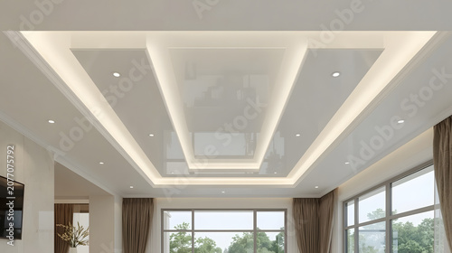 Modern living room with a sophisticated recessed ceiling design featuring integrated LED lighting and spotlights.