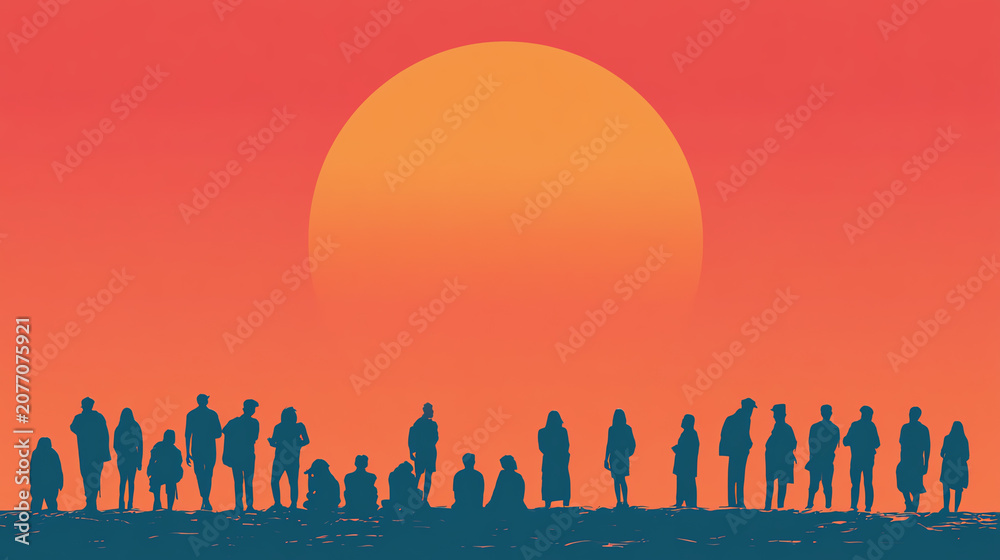 Fototapeta premium Silhouetted figures against a vibrant sunset, capturing the essence of togetherness and reflection in nature's beauty.