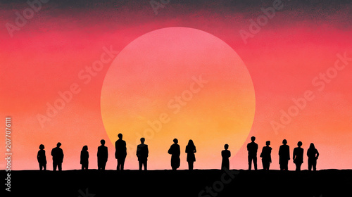 Silhouetted figures against a vibrant sunset, capturing the essence of connection and shared moments.