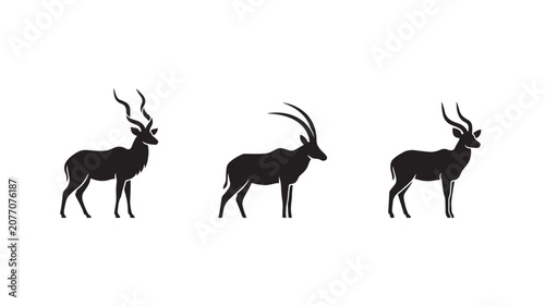 Three Antelope Silhouettes Icon Set with Spiral and Curved Horns