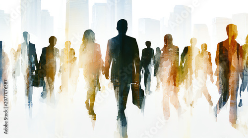 Silhouetted figures representing a bustling business environment in a modern urban setting.
