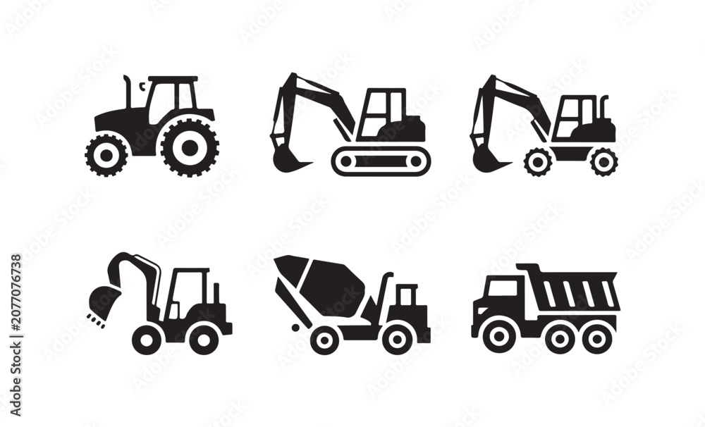 Fototapeta premium Construction vehicles and equipment icons collection tractor excavator concrete mixer and dump truck.