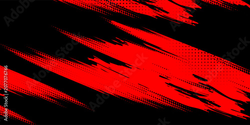 Abstract red and black grunge background with dynamic paint brush strokes and halftone dot pattern. Vector illustration