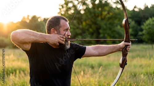Male Archer Aiming Recurve Bow Outdoors at Golden Hour