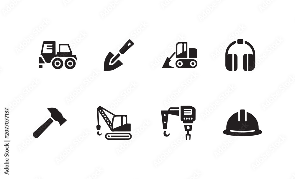 Fototapeta premium Set of construction icons featuring heavy machinery and safety equipment in flat style.