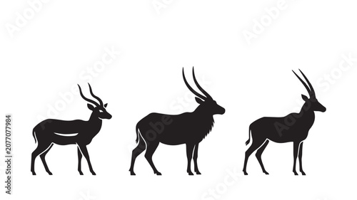 Three Antelope Silhouettes Icon Set with Long Horns Standing Side View
