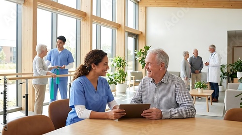 Elderly man and caregiver interact with digital tablet in bright therapy room