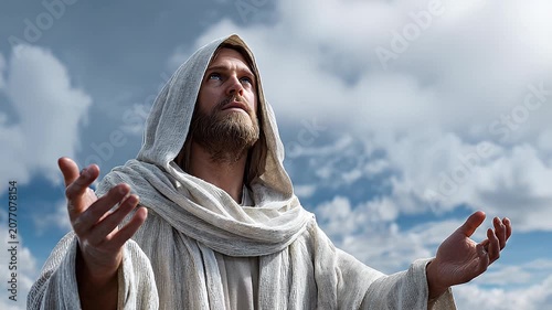 Man in white robe looking upward sky