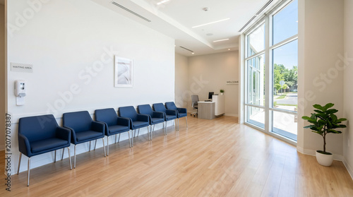 Minimalist Medical Clinic Waiting Room with Blue Chairs
