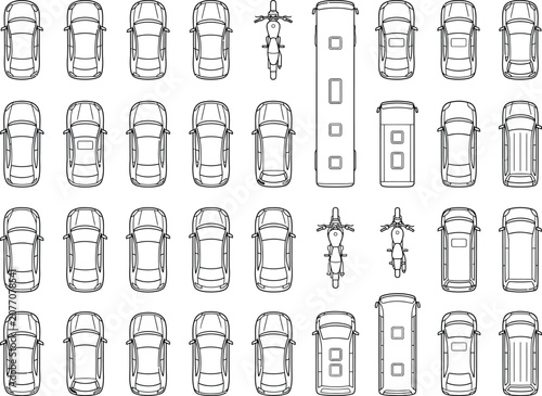 Top view vehicle CAD block set, architectural transport symbol library for cars, vans, trucks and airplanes in urban planning and site layout drawings