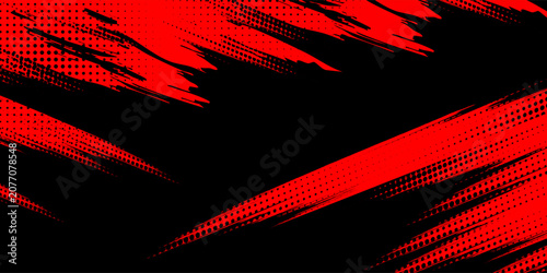 Abstract red and black grunge background with dynamic paint brush strokes and halftone dot pattern. Vector illustration