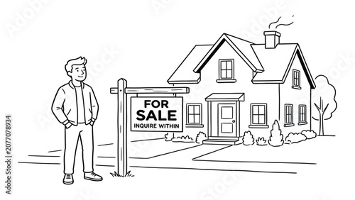 Cuadro en lienzo Man stands next to a detached suburban house featuring a for sale sign positioned on the front lawn