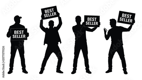Cuadro en lienzo Silhouettes of businessmen hold signs labeled best seller to represent successful retail marketing strategies