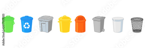 Set of various colored and designed trash bins and recycling containers for waste management
