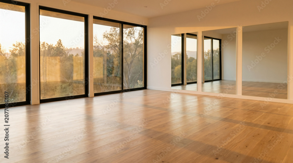 Fototapeta premium Minimalist Wooden Yoga Studio Interior at Warm Sunrise 