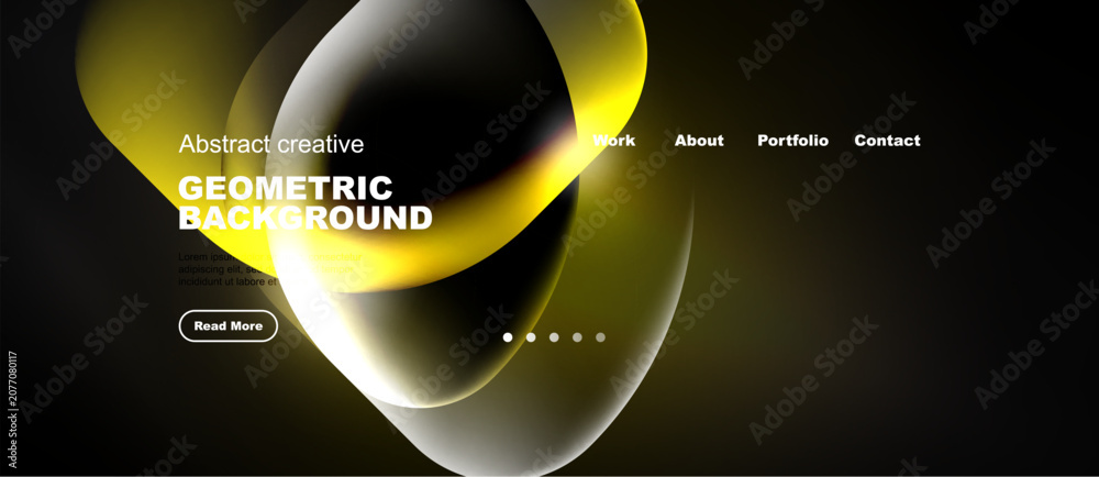 Naklejka premium Modern design features fluid shapes, vibrant yellow hues, dark background. Minimalist layout includes text, navigation elements.