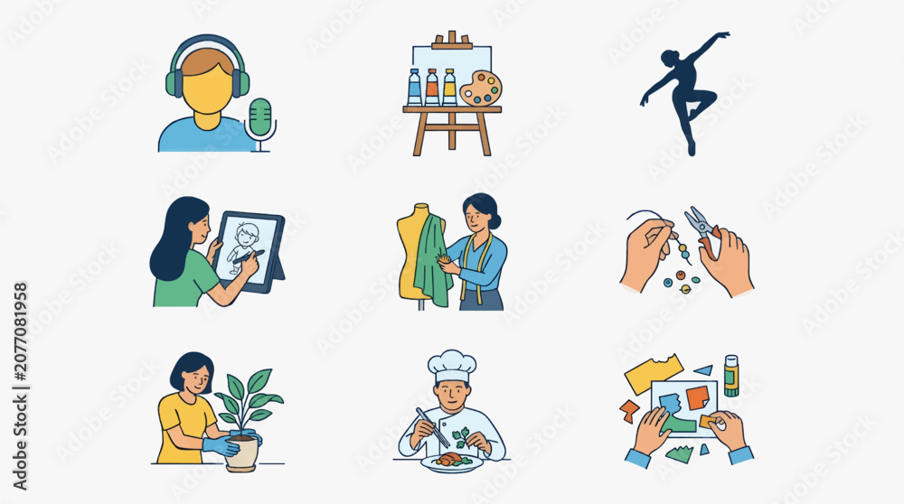 Fototapeta premium Flat Design Icons of Diverse Hobbies and Artistic Expression: Singing, Painting, Dancing, Digital Art, Fashion Design, Jewelry Making, Gardening, Cooking, and Collage