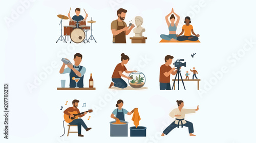 Tableau sur toile Flat Illustration Grid of Creative Professionals: Drummer, Sculptor, Yoga Instru