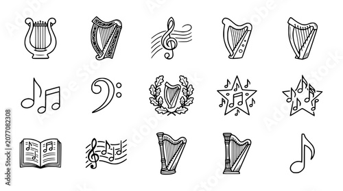 Fotografie Hand Drawn Musical Instruments and Symbols: Harps, Notes, Clefs, Book