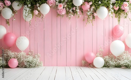 Elegant Baby Shower Background with Floral Garlands. Fresh Flowers and Balloons Arranged on Pink Wood Planks