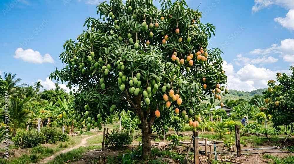 Fototapeta premium Single large mango tree loaded with ripe fruit in orchard agriculture plantation tropical
