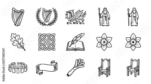 Obraz na płótnie Celtic Symbols and Icons Collection: Harp, Dragon, Knotwork, Stonehenge, Bard, L