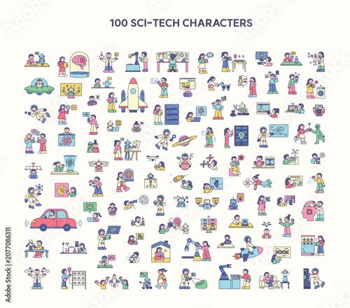 Minimal sci-tech character collection with 100 illustrations featuring AI, robotics, space, research, smart technology, automation, and innovation.