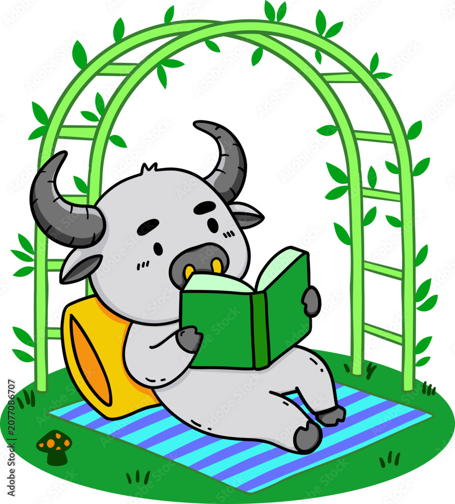 Fototapeta premium Cute buffalo reading abook outdoor