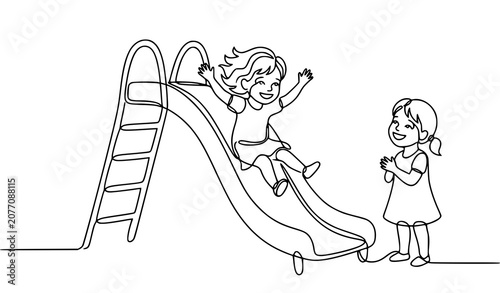 Single Continuous Line Drawing Kids Playing on Playground Slide Vector Illustration