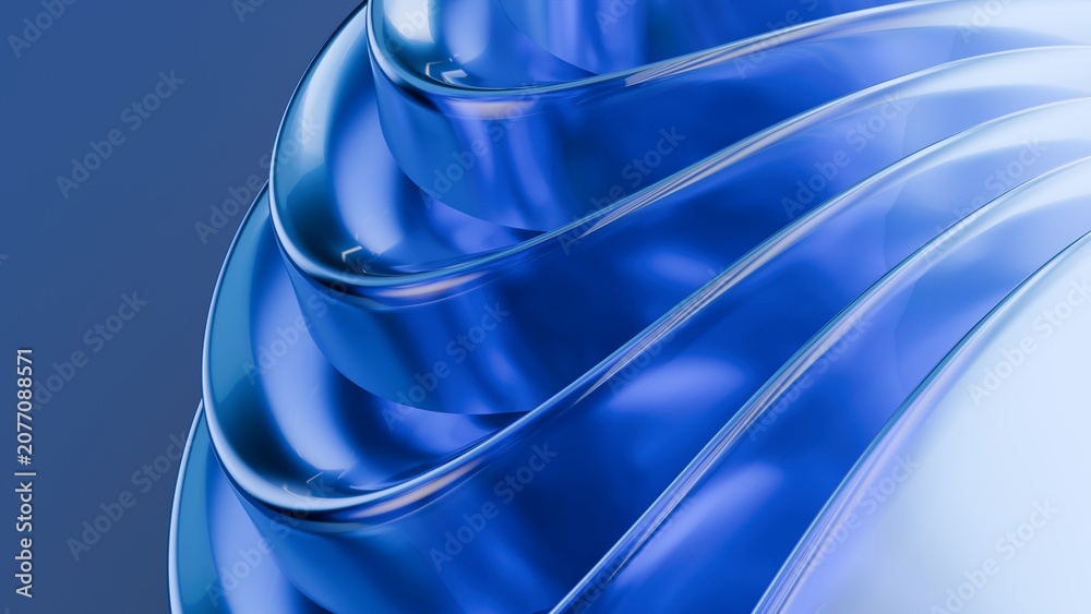 Fototapeta premium Abstract wavy curved 3d render.Blue layers of glass with lines, folds, ruffles. Modern wallpaper, texture pattern.