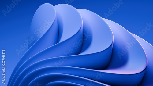 Abstract wavy curved 3d render. Blue layers of plastic with lines, folds, ruffles. Modern wallpaper, texture pattern.
