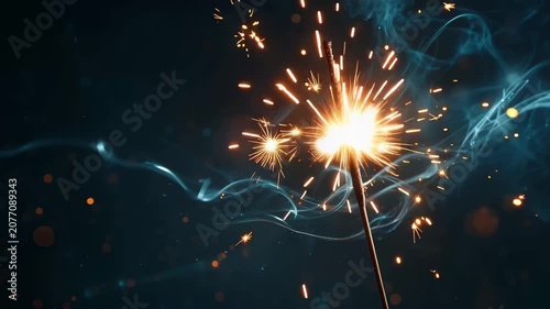 Sparkler igniting with bright sparks and blue smoke trails against a dark background