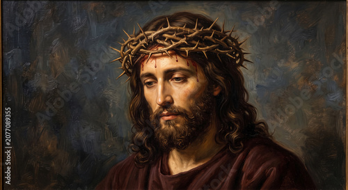 Classical oil painting portrait of Jesus Christ wearing a crown of thorns with a sorrowful expression on a moody dark background