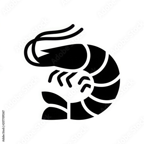 Stylized black and white shrimp icon illustration perfect for seafood menus or restaurants