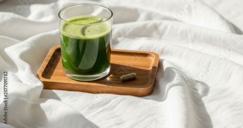 Healthy Green Drink and Supplement in Bed