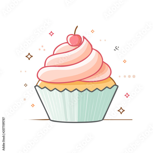 Flat illustration of a cupcake with pink frosting and cherry