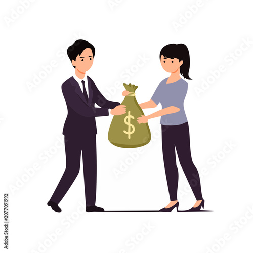 Man and woman holding a money bag in flat style