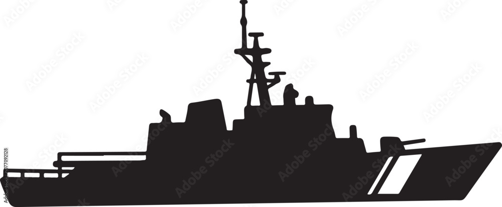 Obraz premium Military warship, naval vessel, black silhouette, vector illustration, modern destroyer