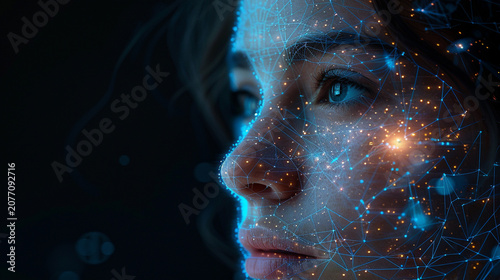 Close-up of a woman's face with glowing digital network overlay,  showing interconnected network structure.