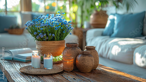 Cozy living room interior with flowers, candles, and decorative vases on a wooden coffee table. Sunlight streams into the space, highlighting the natural elements and textures of the home decor.