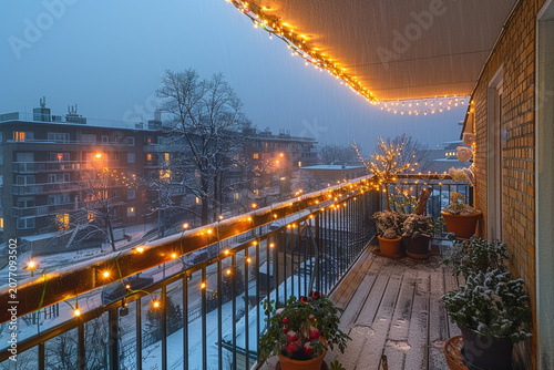 Cozy winter balcony overlooking snowy city at dusk with string lights.