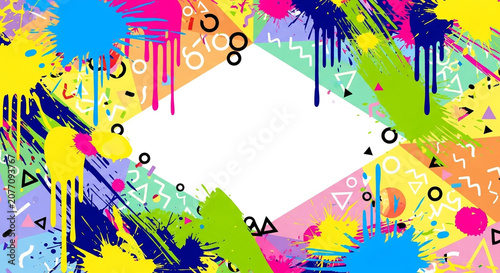 Vibrant Abstract Paint Splatter Background with Geometric Shapes and Drips